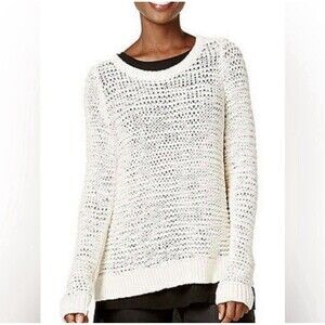 EILEEN FISHER Soft Ivory Cotton Tape Scoop Neck Box Sweater Top LARGE F5TPT